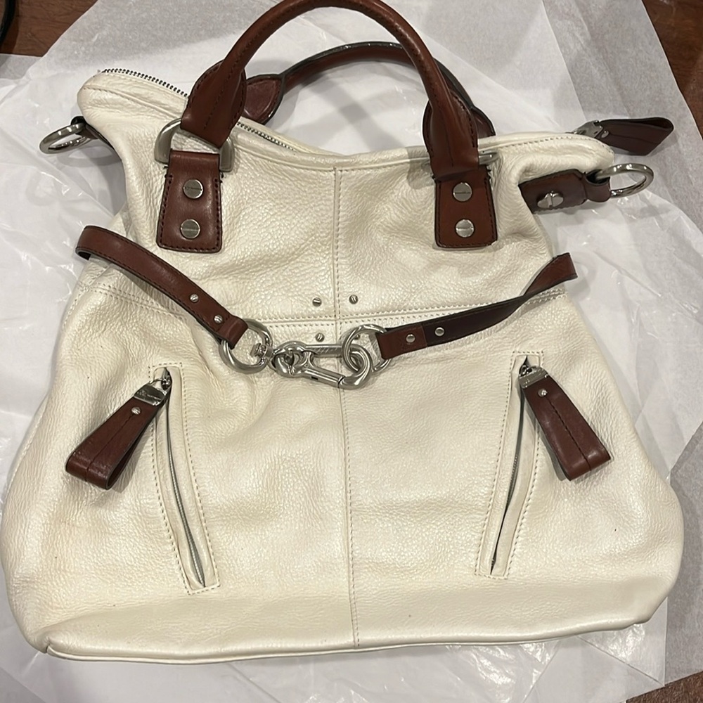 White and Brown 100% Genuine Leather B Makowsky Shoulder Hobo Bag